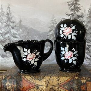 Vintage Pilgrim Glass Black Amethyst Hand-Painted Vase & Covered Jar Set 3 Pc